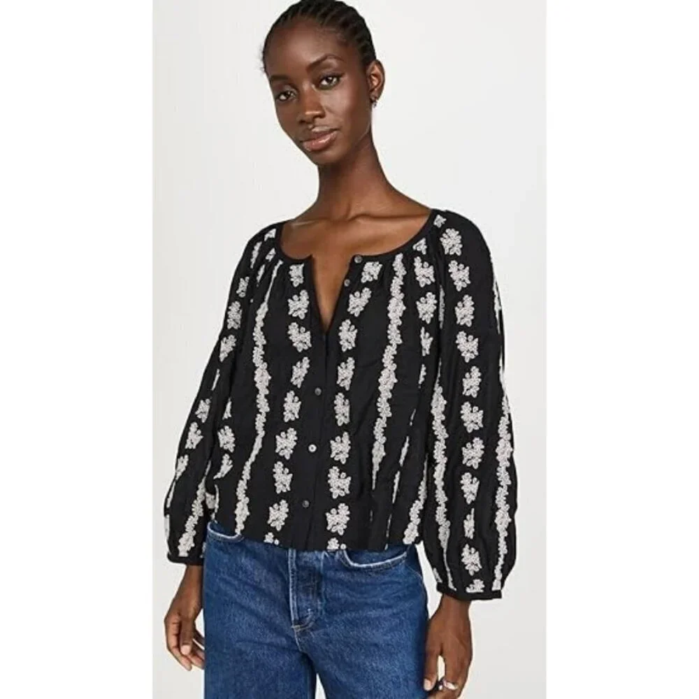 💕MADEWELL💕 Embroidered Puff Sleeve A-Line Top ~ True Black Medium M NWOT